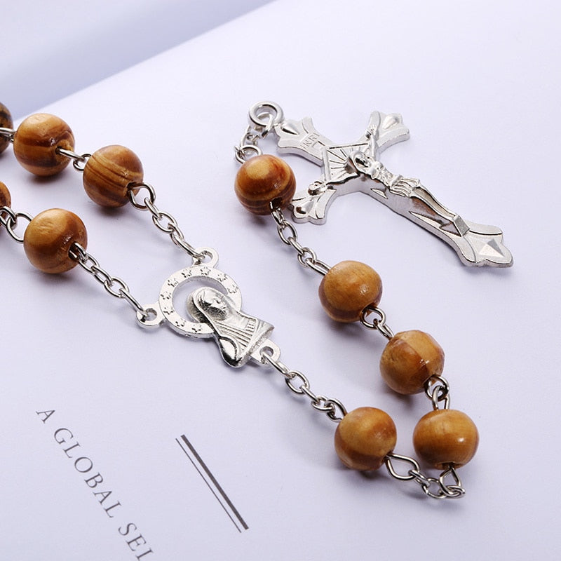 Wood Bead Cross Pendant Necklace