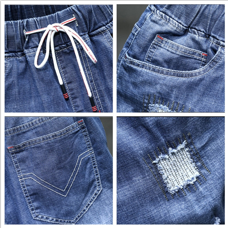 M-10XL Elastic Waist Distressed Jeans Shorts - 2 colours
