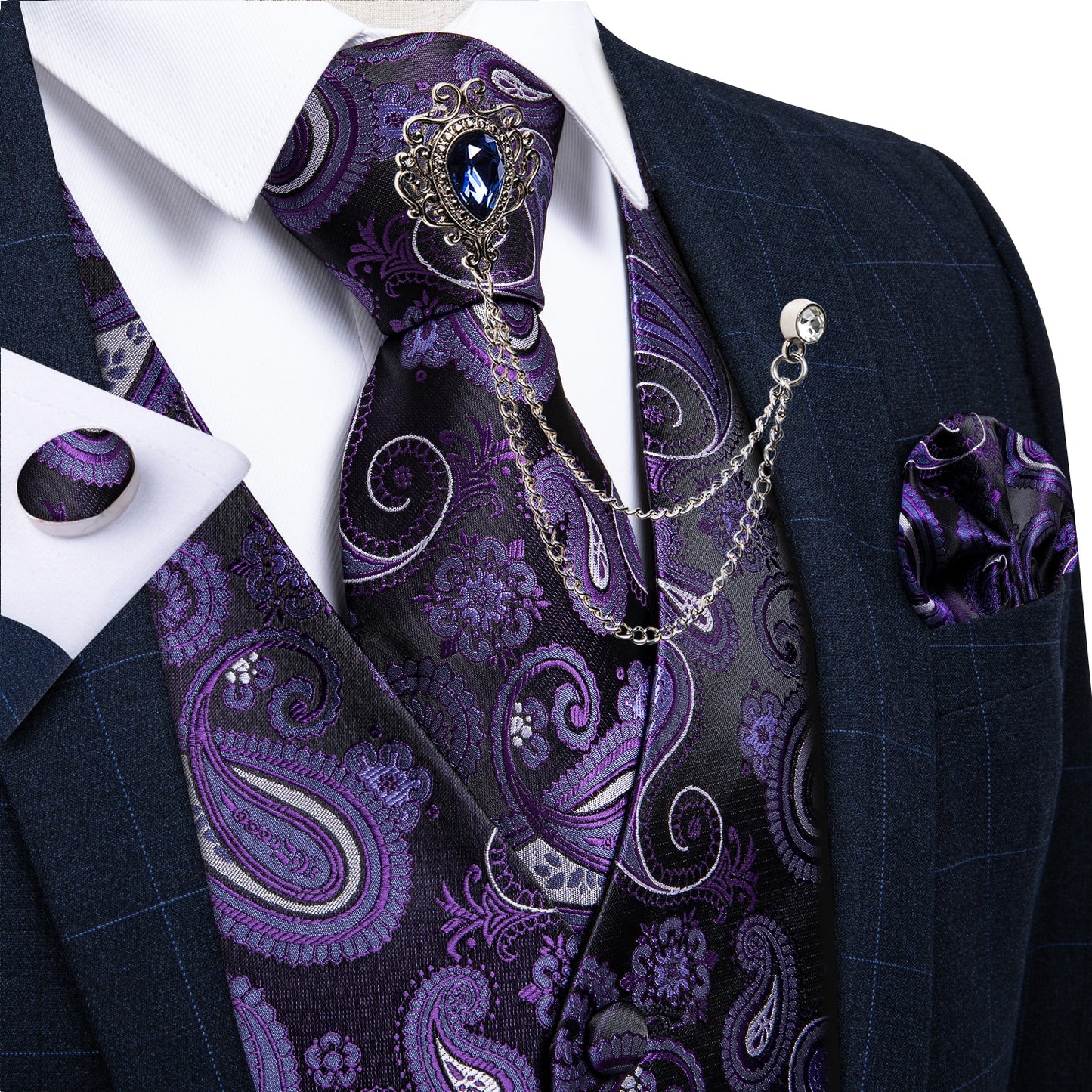 M-4XL 100% Silk Formal Set - Vest , Tie , Pocket Square, Cufflinks Set