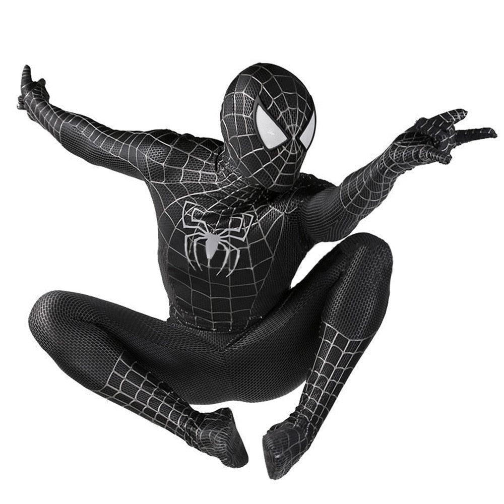 Titan's spiderman costume is a sleek, black bodysuit with web